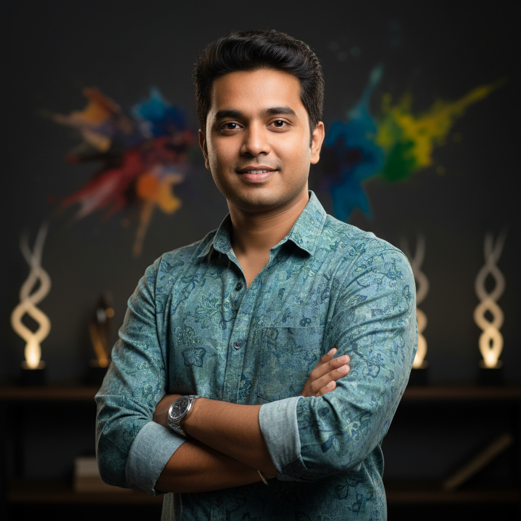Arjun Tiwari, Artist Manager, young Indian man in smart casual shirt, professional portrait in creative studio