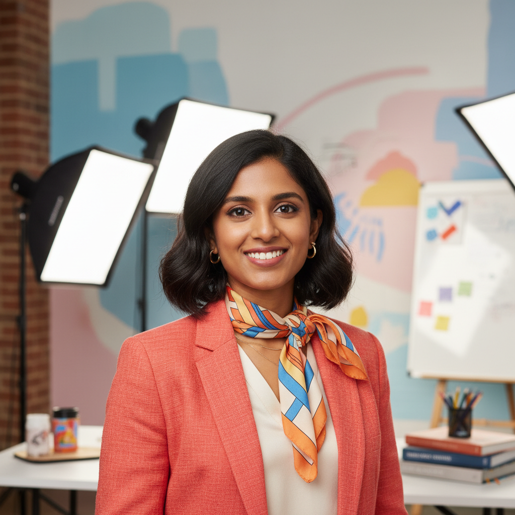 Lavanya Gopalan, Brand Strategist, young Indian woman in bright professional outfit, creative studio portrait