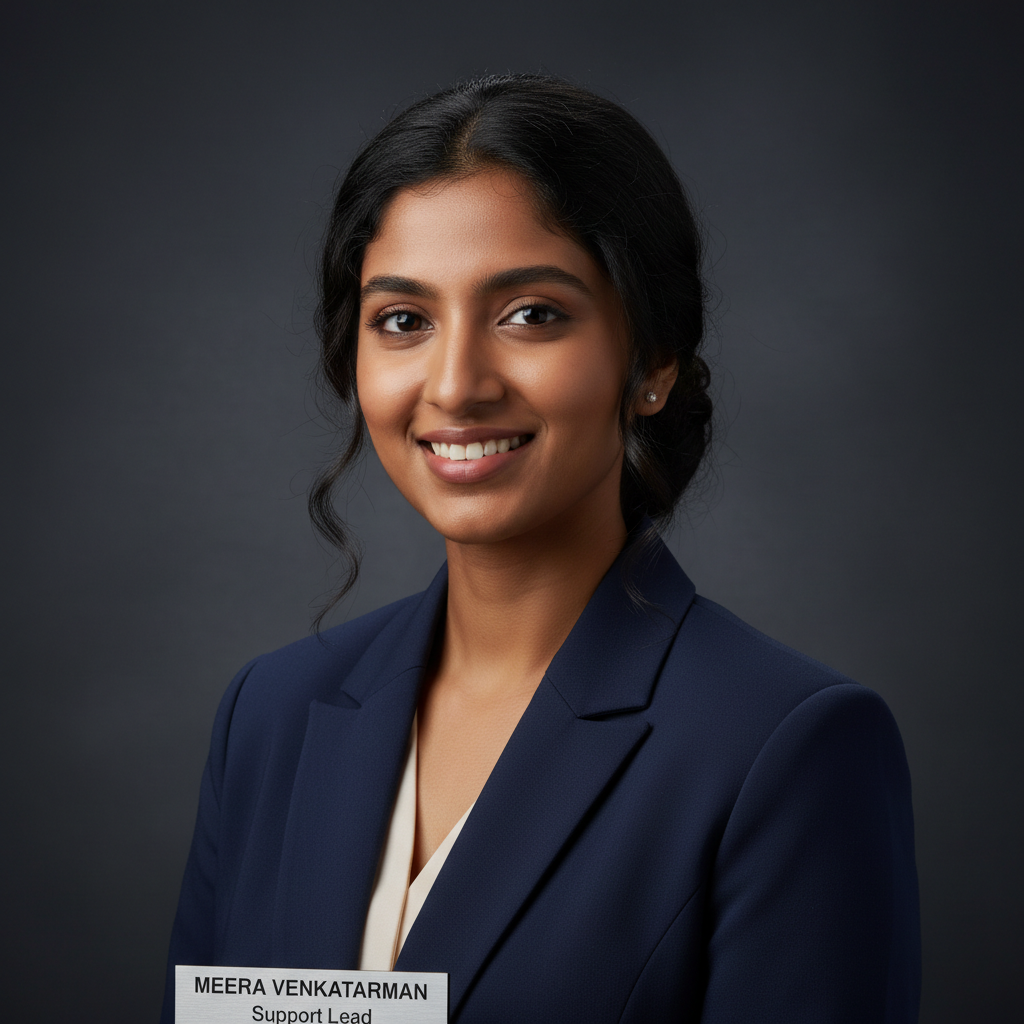 Meera Venkataraman, Support Lead, young Indian woman in professional blazer, confident expression