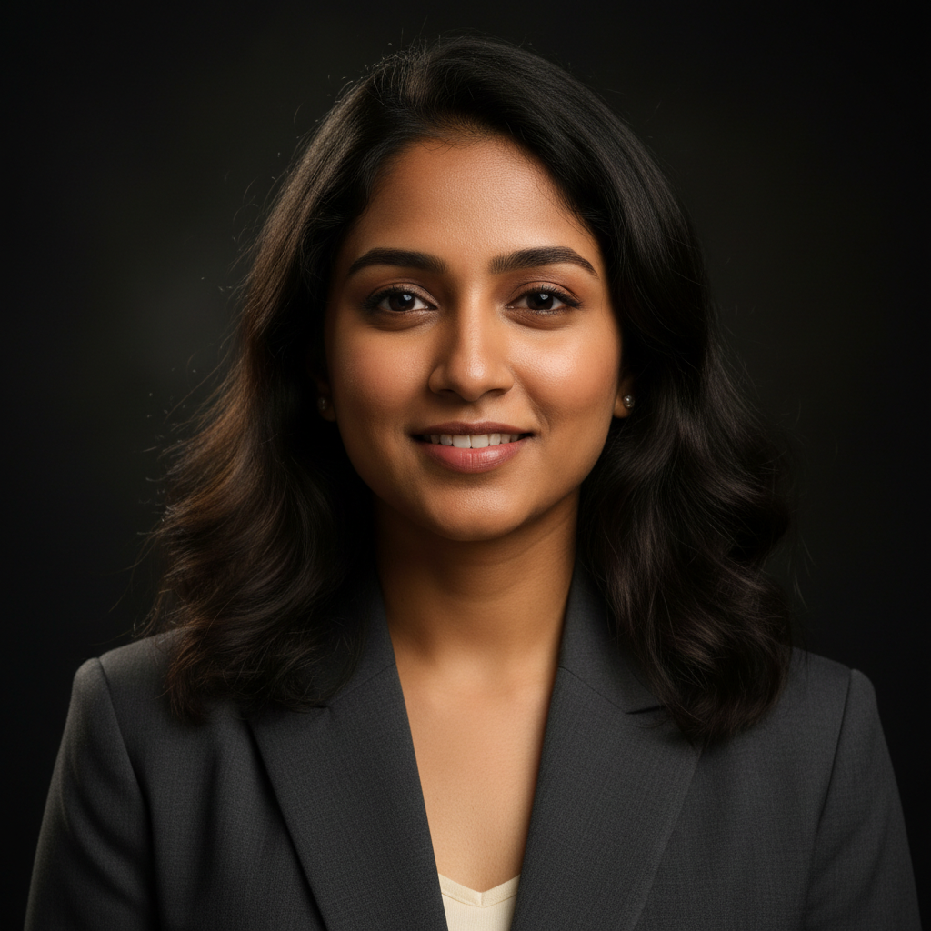 Nandita Pillai, Artist Manager, young Indian woman in professional blazer, warm studio lighting portrait