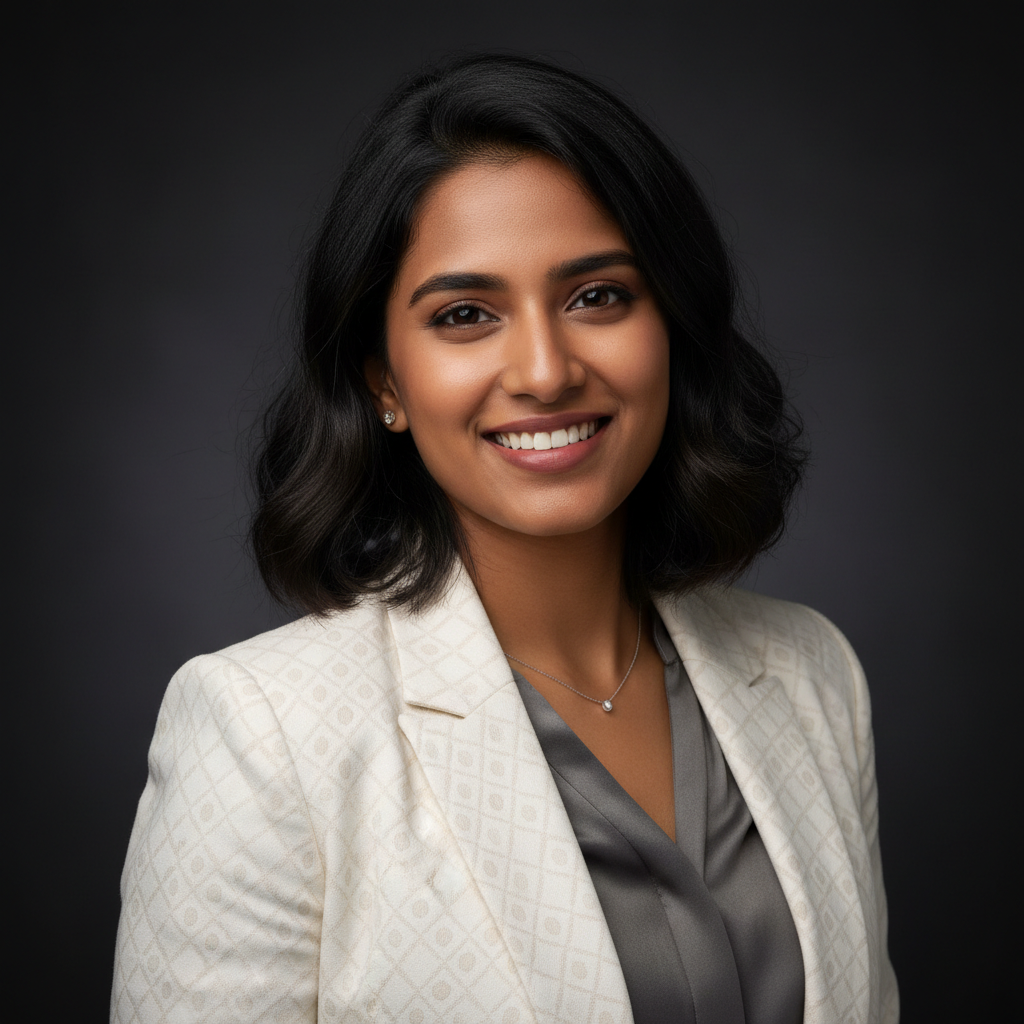 Priya Sharma, Digital Marketing Lead, young Indian woman in stylish professional outfit, studio portrait