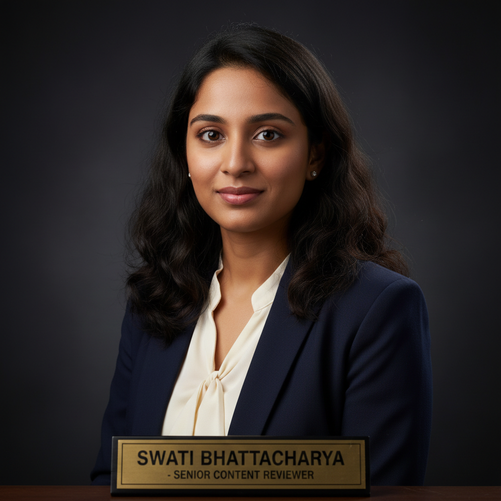 Swati Bhattacharya, Senior Content Reviewer, young Indian woman with dark hair, professional portrait with soft lighting